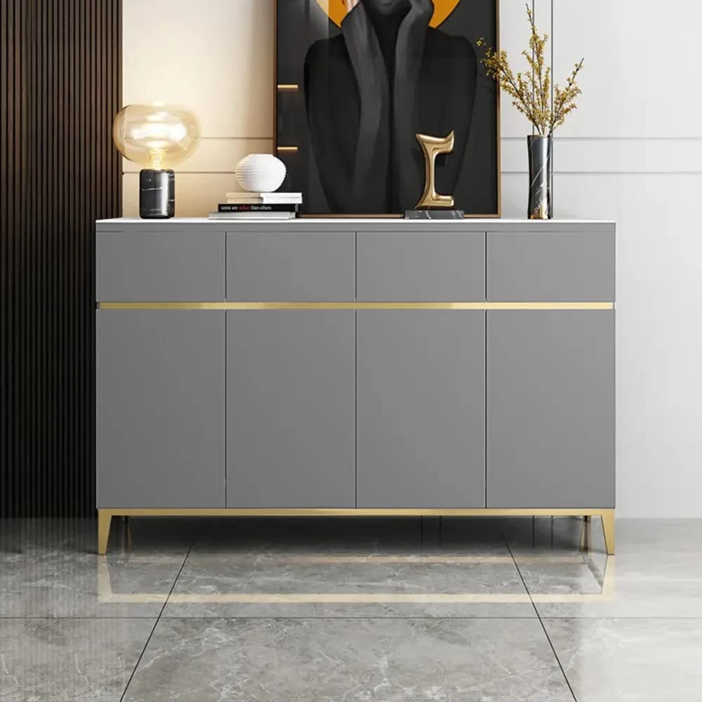 Modern Grey Sideboard with Marble Top & Gold Accents – Elegant Storage Cabinet/Side Cabinet/Side Board for Contemporary Inter
