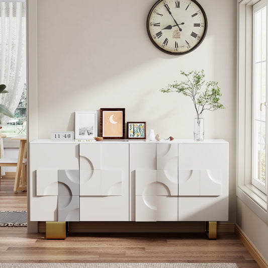Modern Glossy Cream Sideboard with 3D Geometric Panels & Gold Legs – Luxury Stylish Storage Cabinet/Side B – alternate view 2