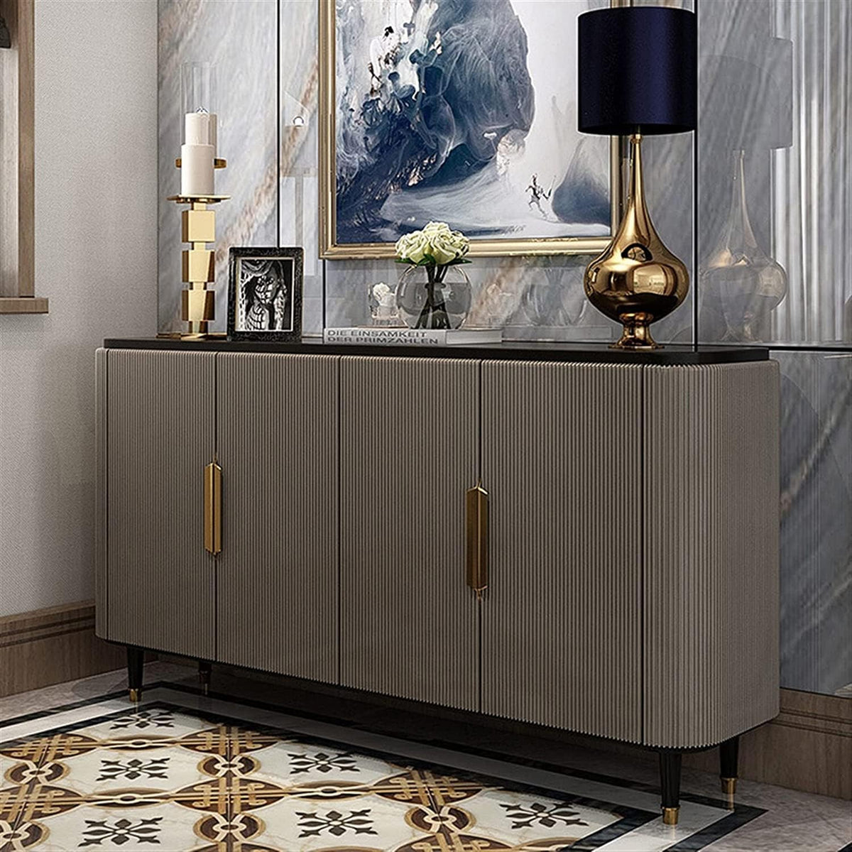 Elegant Fluted Sideboard with Gold Handles & Black Top – Modern Storage Cabinet/Side Cabinet/Side Board for Luxurious Interio