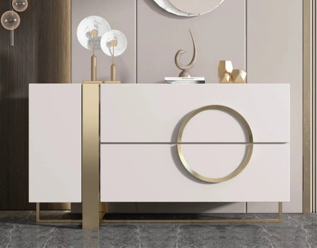 Modern White Sideboard with Gold Circular Handle & Metal Base – Luxurious Storage Cabinet/Side Cabinet/Side Board for Elegant