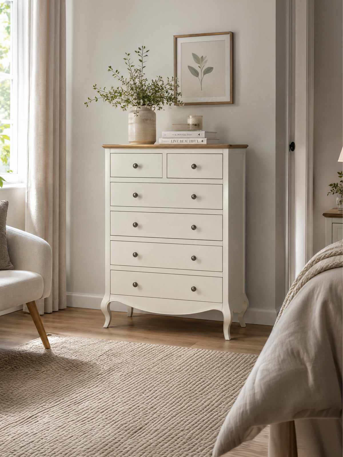 Camille ivory and limed oak 6 drawer chest styled view