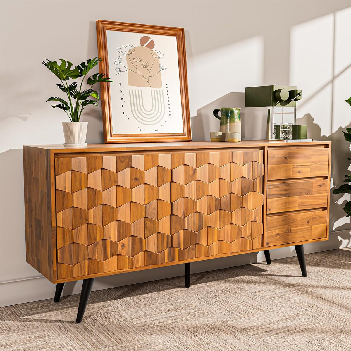 American Solid Geometric Carved & Sideboard Cabinet