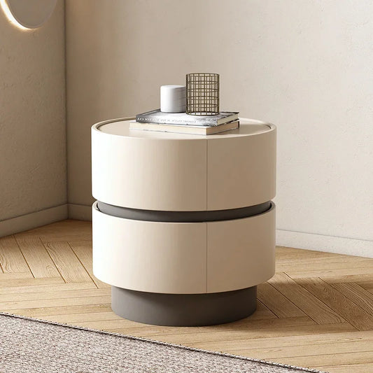 Round Modern Cream Nightstand – Solid Wood Storage Bedside Table – alternate view 2