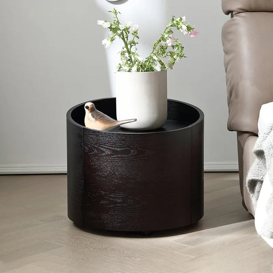 Italian Smoked Oak Round Bedside Table – Solid Wood Minimalist Nightstand – alternate view 2