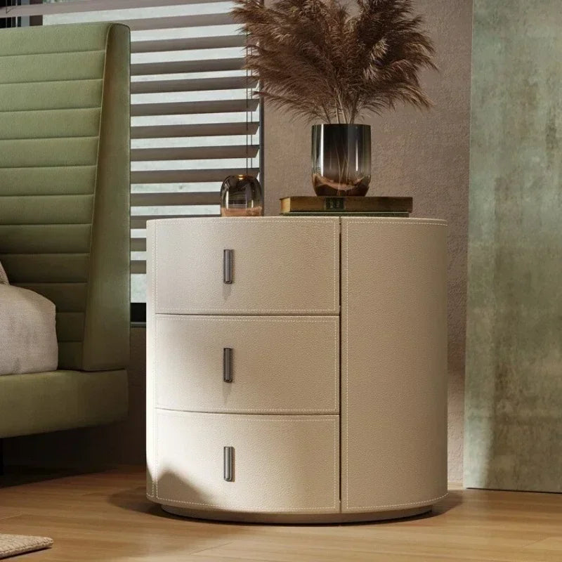 Round Leather Bedside Table – 3-Drawer Minimalist Cabinet with Retro Style