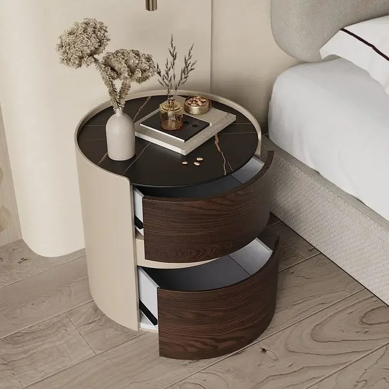 Round Solid Wood Bedside Table – Stone Top and Curved Drawer Design