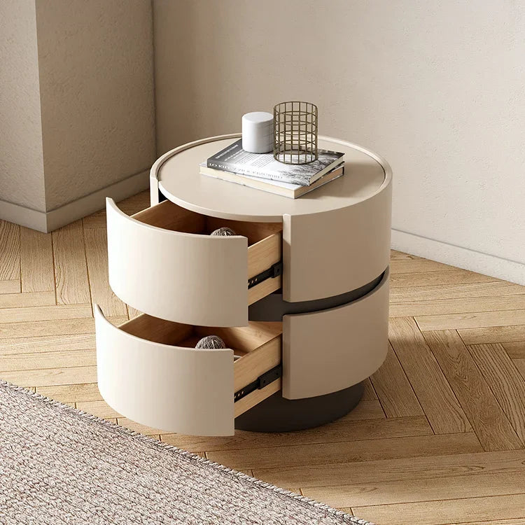 Round Modern Cream Nightstand – Solid Wood Storage Bedside Table