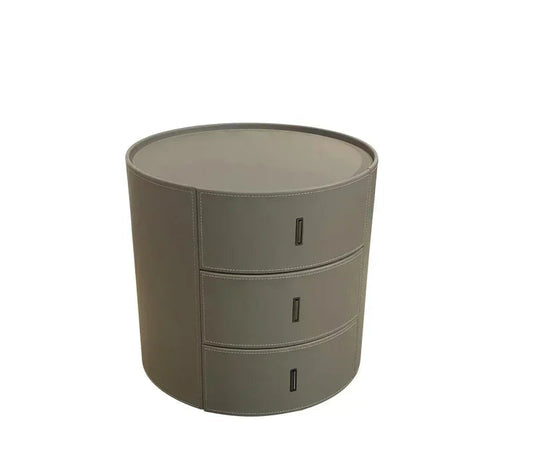 Round Leather Bedside Table – 3-Drawer Minimalist Cabinet with Retro Style – alternate view 2