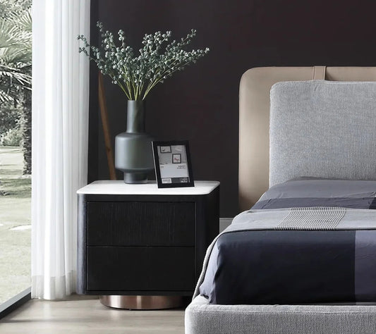 Italian Black Nightstand with Stone Top – Modern Round Designer Bedside Table – alternate view 2