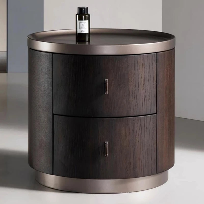 Dark Walnut Round Nightstand – 2-Drawer Modern Wood Bedside Table
