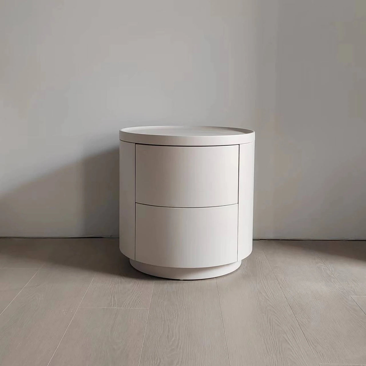 Minimalist White Round Bedside Table – 2-Drawer Nightstand for Home or Hotel
