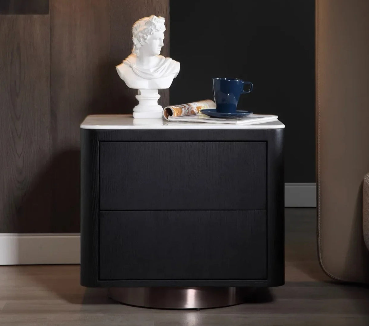 Italian Black Nightstand with Stone Top – Modern Round Designer Bedside Table
