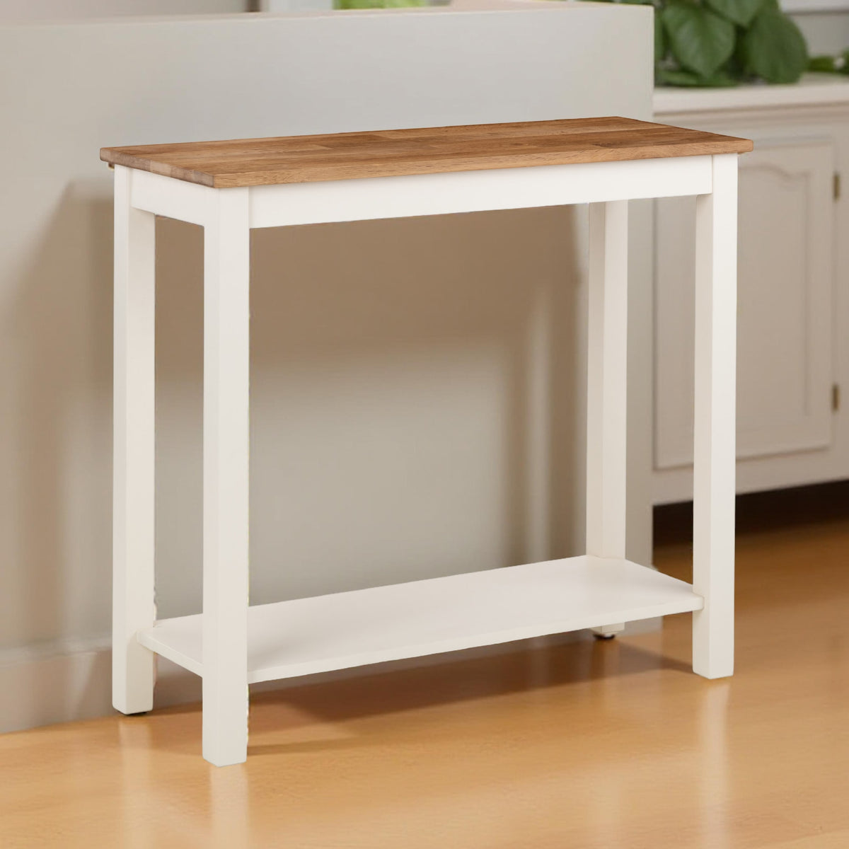 Small wooden table with white base in a room setting