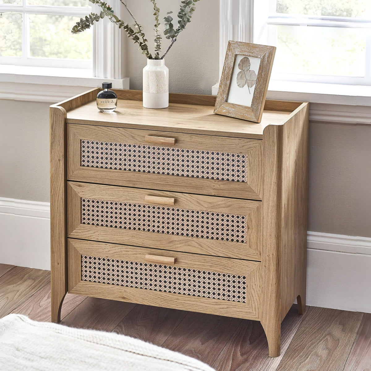 Oak effect wooden 3 drawer chest with woven rattan drawer fronts