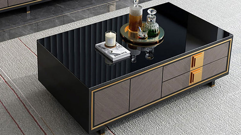Custom Made Luxury Black & Wood Coffee Table with Gold Accents