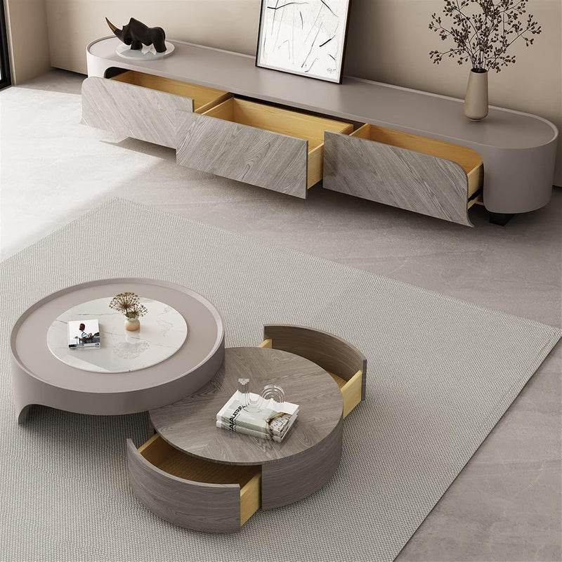 & Beige Curved Edges Stylish TV Unit – Custom Made Living Room Media Console