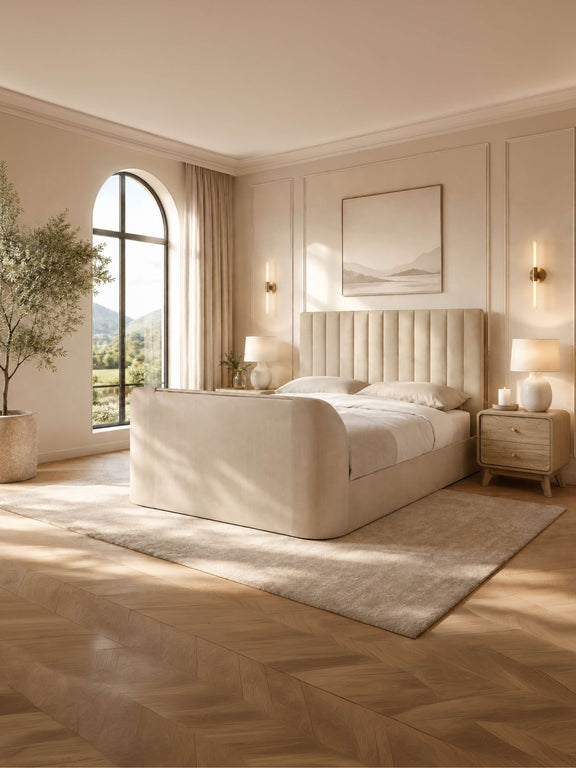 Alana Cream Velvet Side-Lift Ottoman TV Bed – Double/King – Double – front view