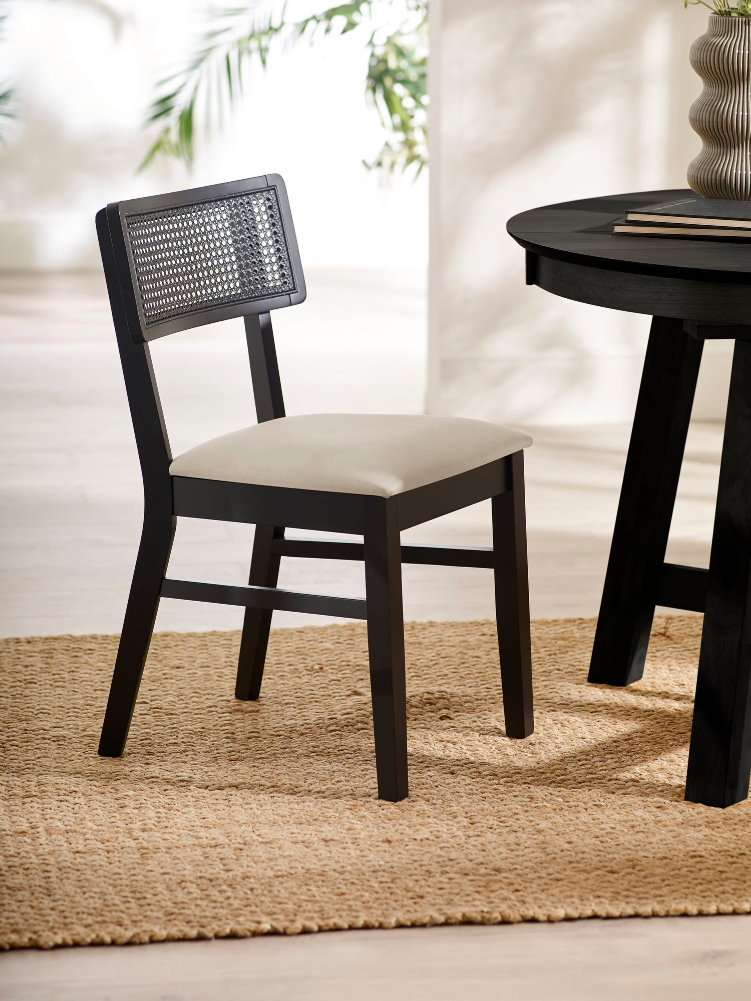 Annika Set of 2 Satin Black Natural Fabric Rattan Back Dining Chairs – main view