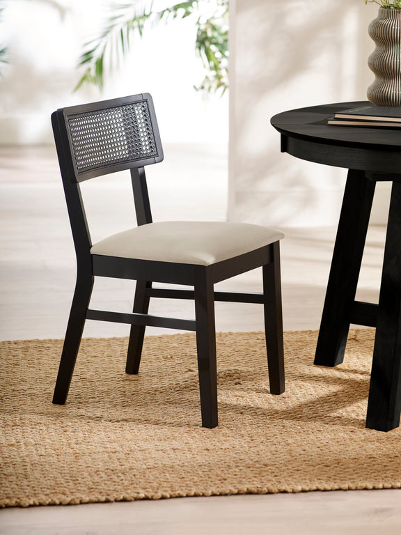 Annika Set of 2 Satin Black Natural Fabric Rattan Back Dining Chairs – main view
