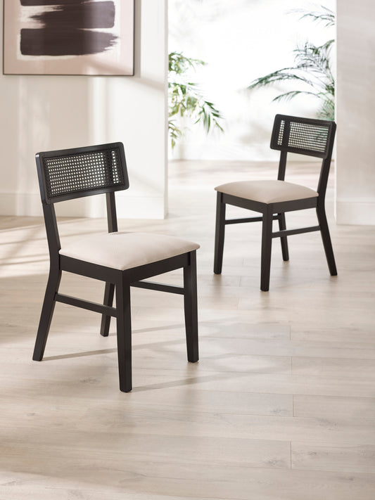 Annika Set of 2 Satin Black Natural Fabric Rattan Back Dining Chairs – alternate view