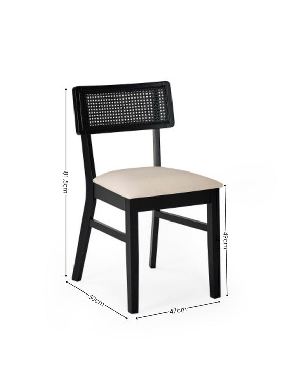 Annika Set of 2 Satin Black Natural Fabric Rattan Back Dining Chairs – alternate view
