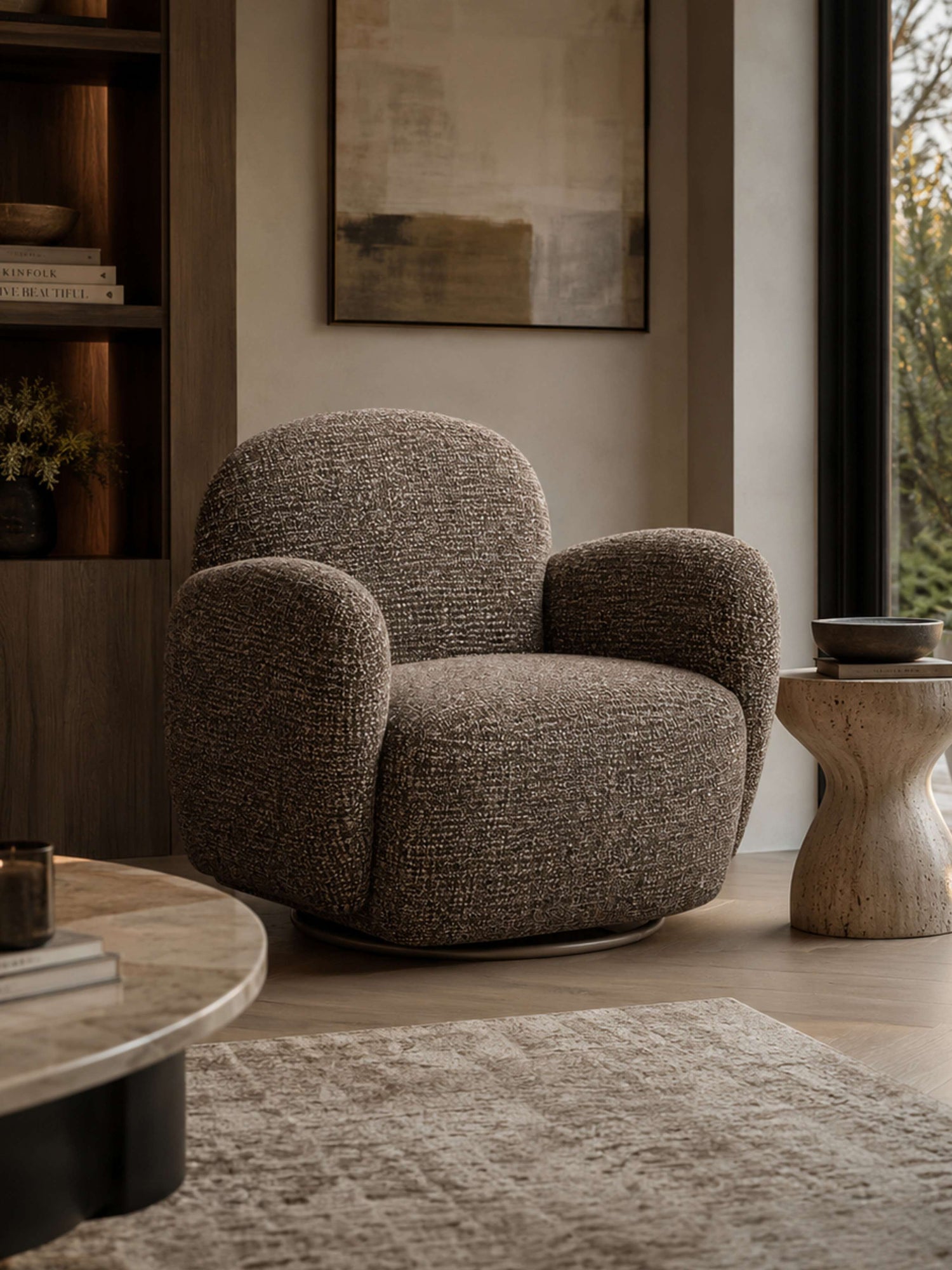 Bramley Chocolate Chenille Swivel Accent Chair – front view