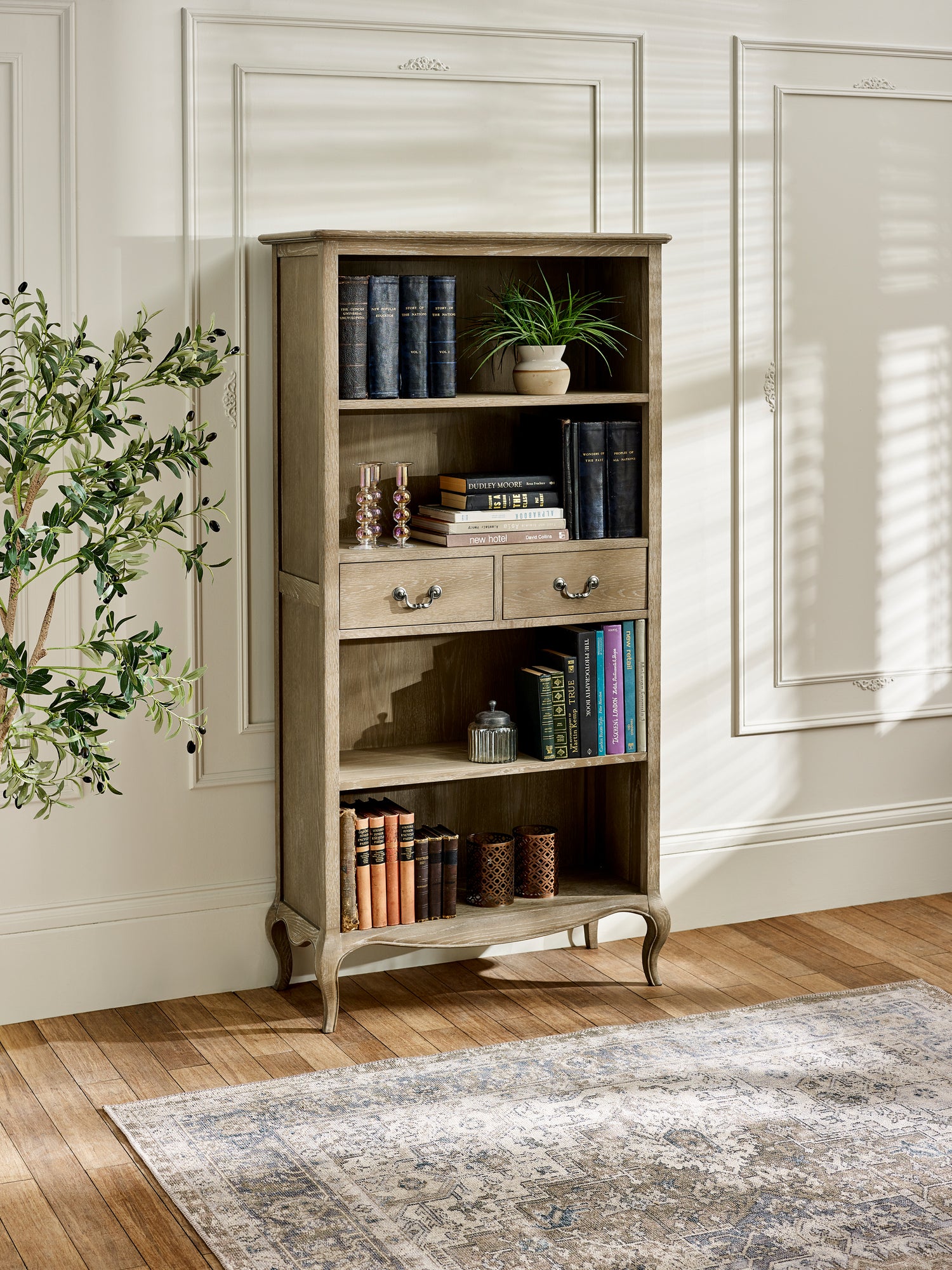 Camille French Style Tall Bookcase with Drawers – Limed Oak – main view