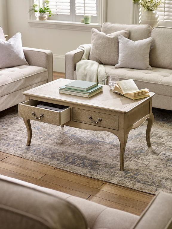 Camille French Style Rectangular Coffee Table – Limed Oak – main view