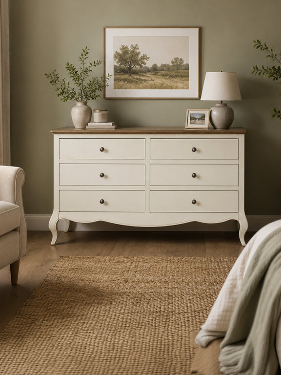 Camille ivory and limed oak wide chest styled view