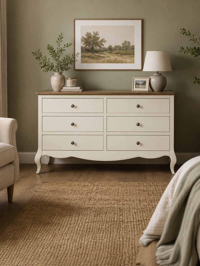 Camille ivory and limed oak wide chest styled view
