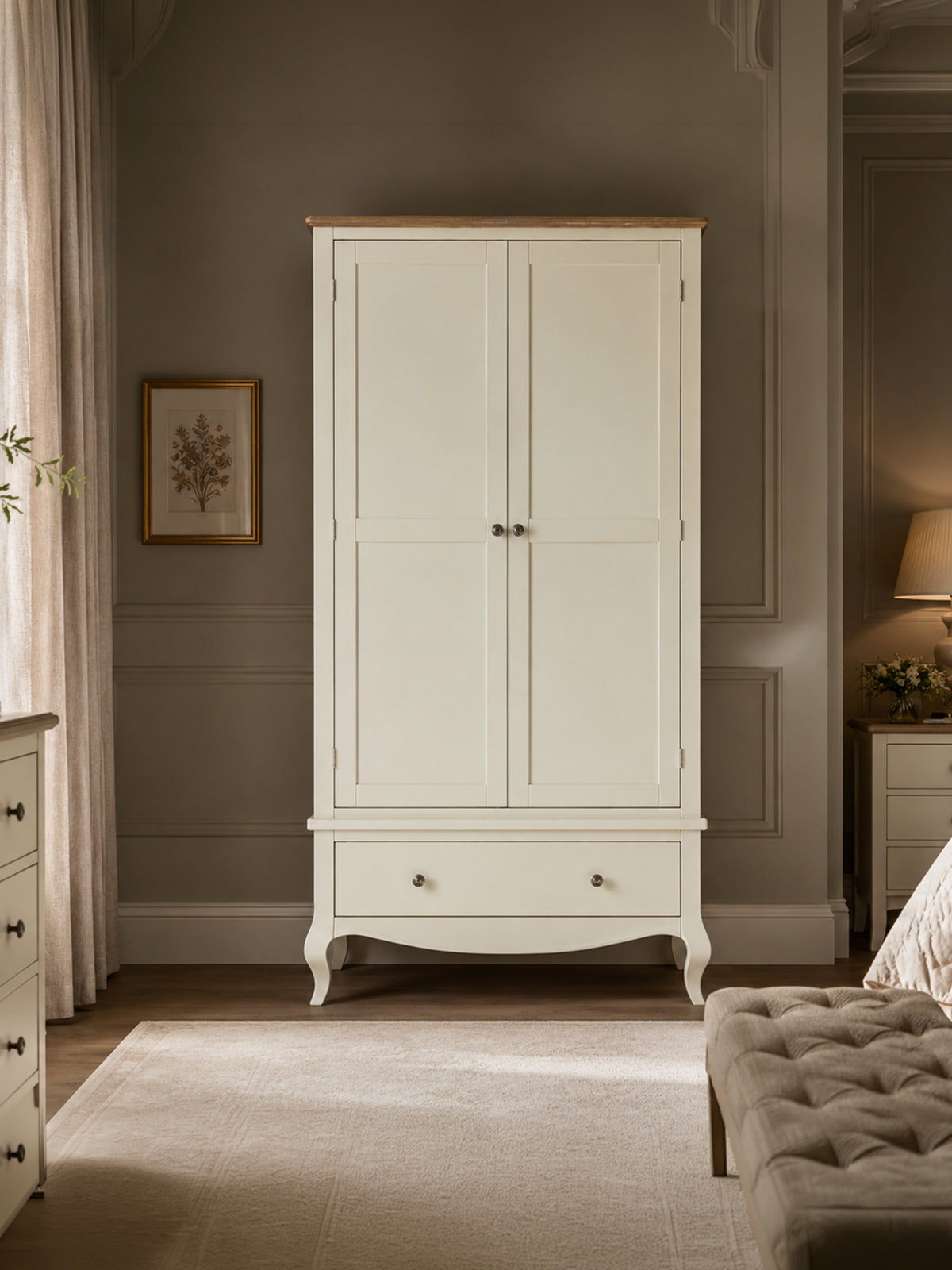 Camille ivory and limed oak wardrobe styled view
