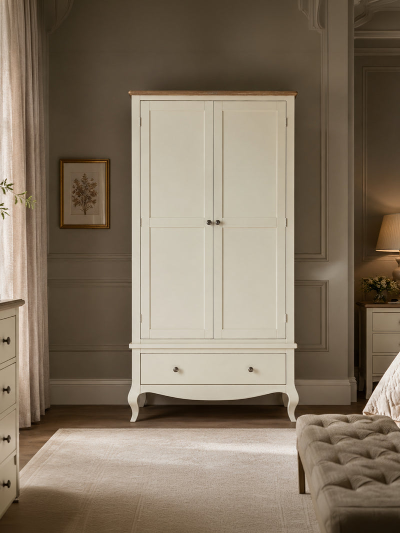 Camille ivory and limed oak wardrobe styled view
