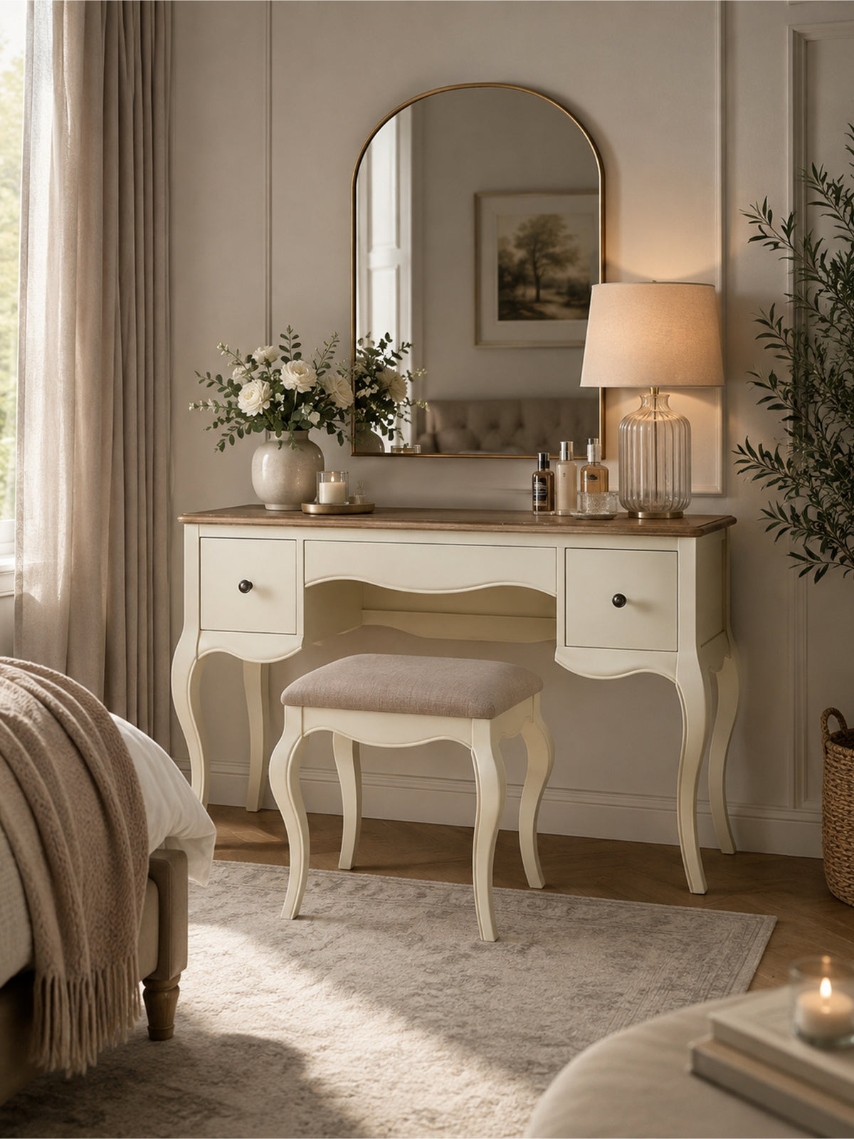 Camille ivory and limed oak dressing table and stool styled view