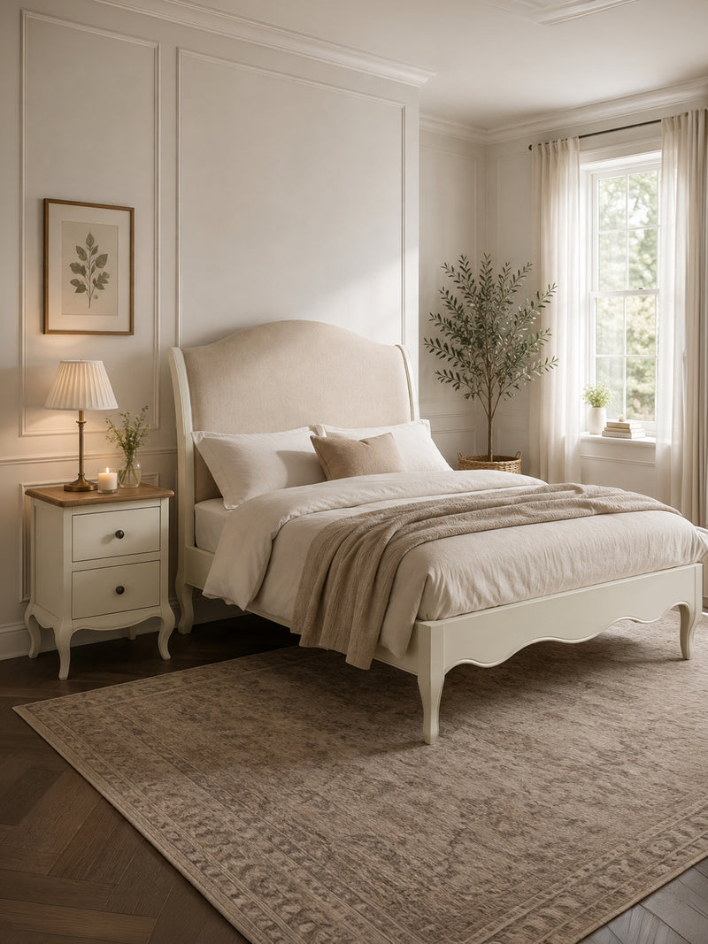 Camille ivory and oatmeal linen bed styled room view