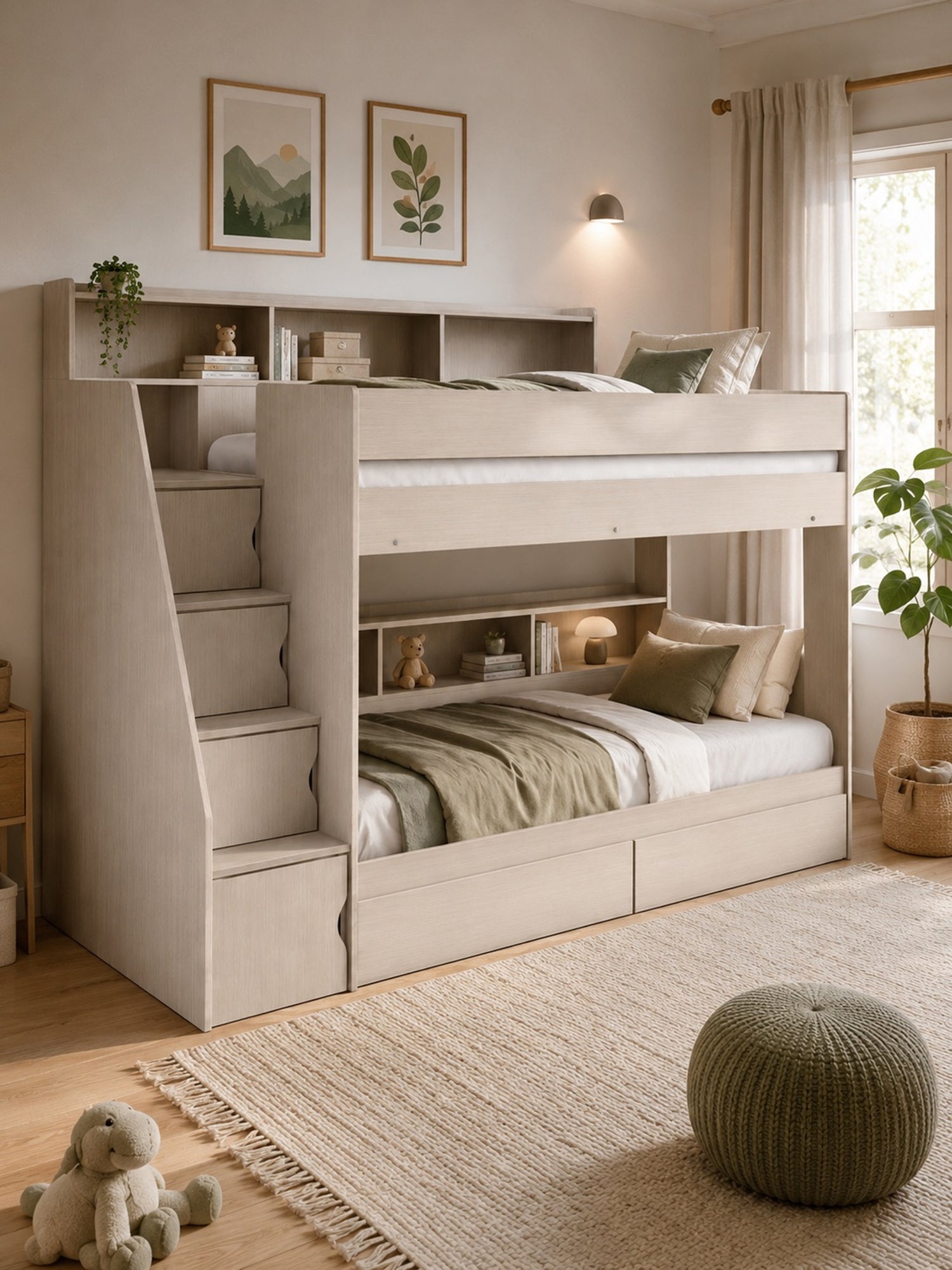 Camelot Nordic White Bunk Bed with Stairs and Storage – styled room view