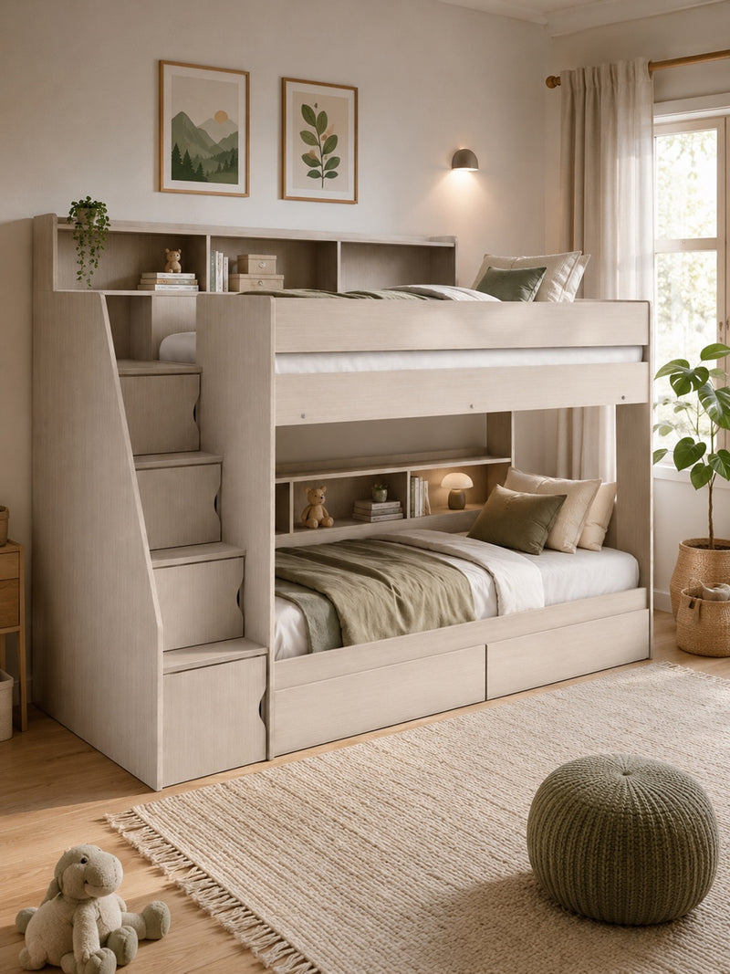 Camelot Nordic White Bunk Bed with Stairs and Storage – styled room view
