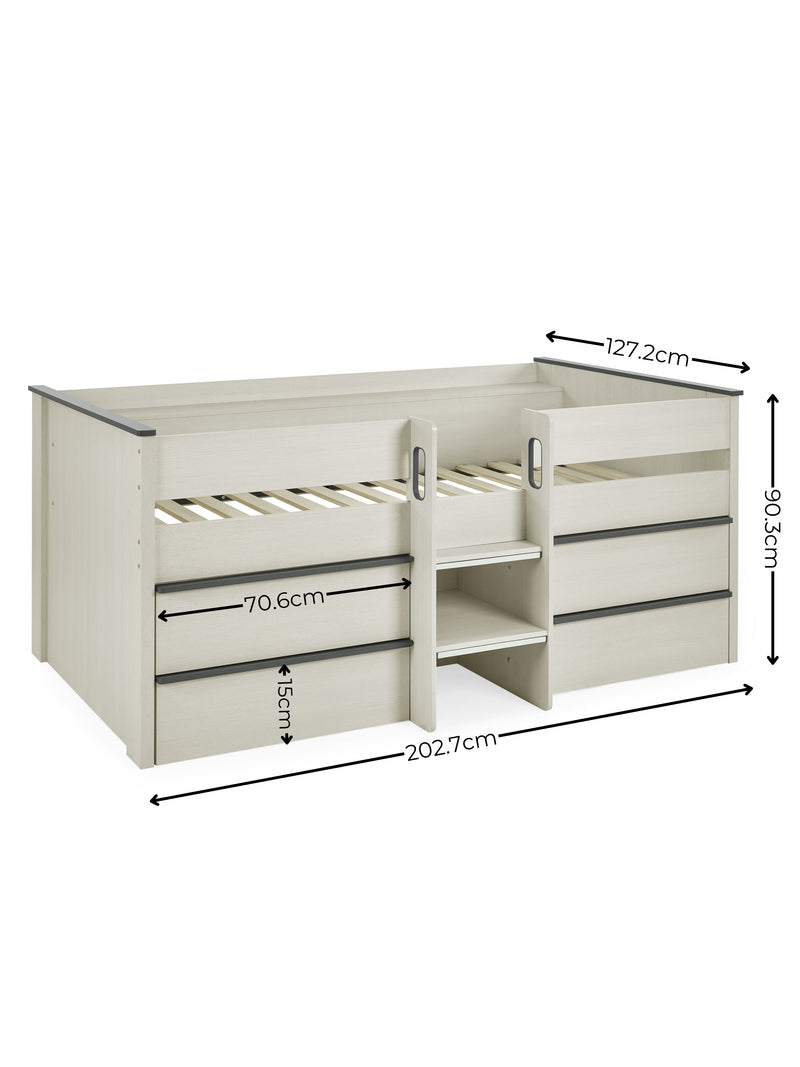 Celeste Nordic Wood Midsleeper Bed with 4 Drawers – dimensions diagram