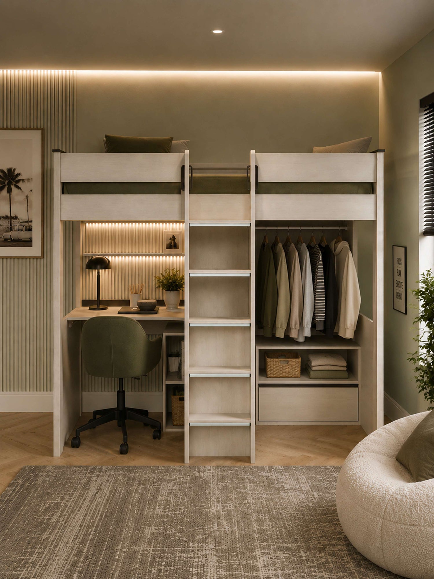 Celeste Nordic Wood Highsleeper Bed with Desk & Wardrobe – front view