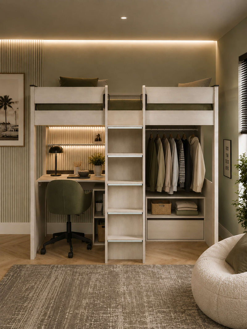Celeste Nordic Wood Highsleeper Bed with Desk & Wardrobe – front view