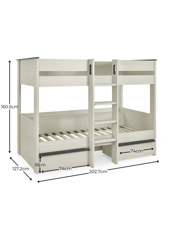 Celeste Nordic Wood Bunk Bed with 2 Drawers – dimensions diagram