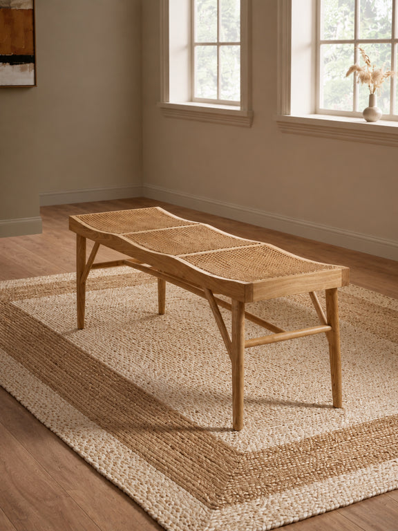 Elodie Natural Ash Rattan Dining Bench – styled room view