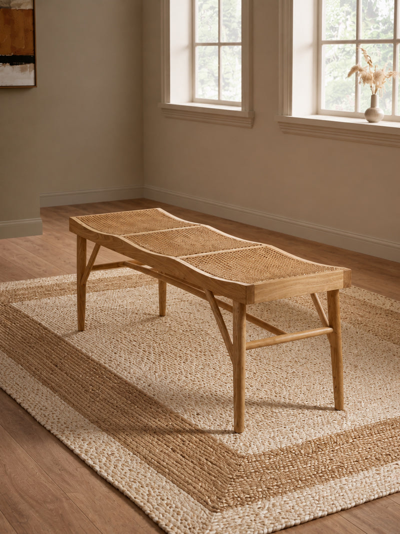 Elodie Natural Ash Rattan Dining Bench – styled room view