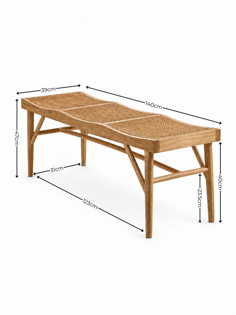 Elodie Natural Ash Rattan Dining Bench – dimensions diagram