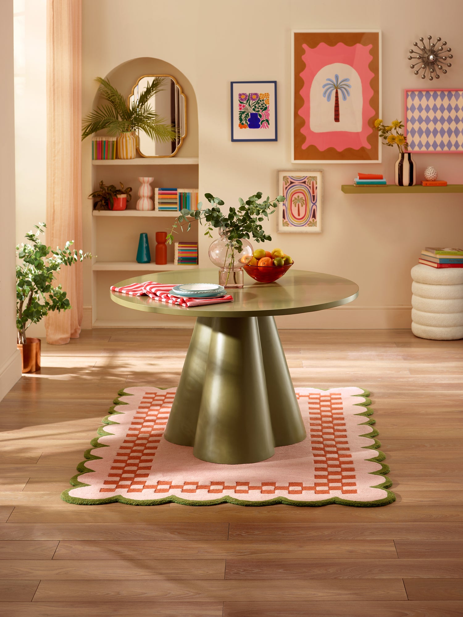 Fable 120cm Sage Green Round Dining Table – 4 Seater – styled room view