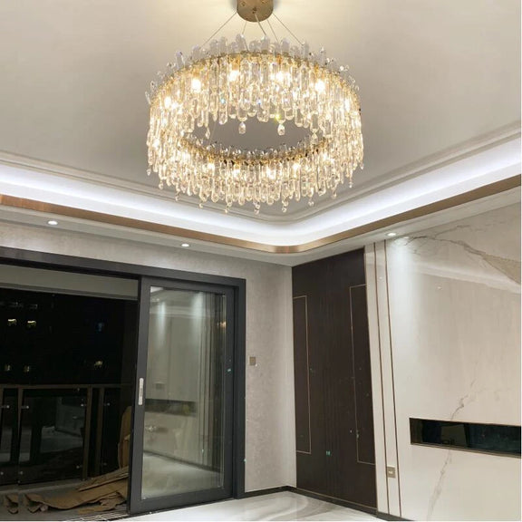 Close-up of layered crystal drops on luxury chandelier