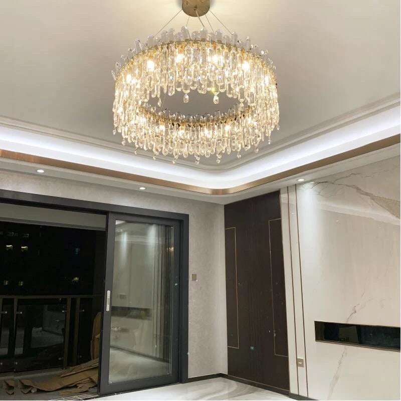 Close-up of layered crystal drops on luxury chandelier