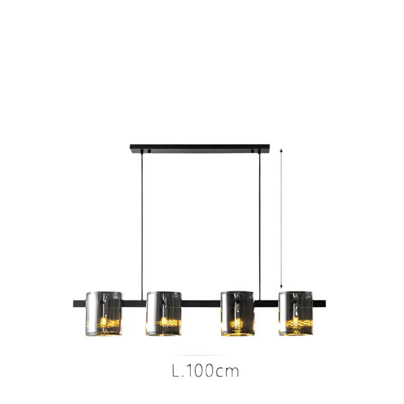 Minimalist linear pendant light featuring six cylindrical glass globes.