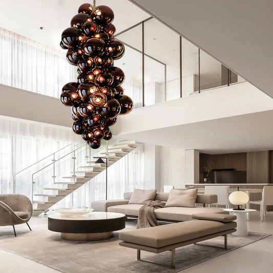 Close-up of artistic purple glass pendant lighting