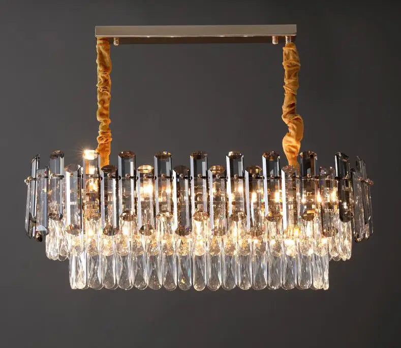 Close-up of layered crystal rod chandelier design