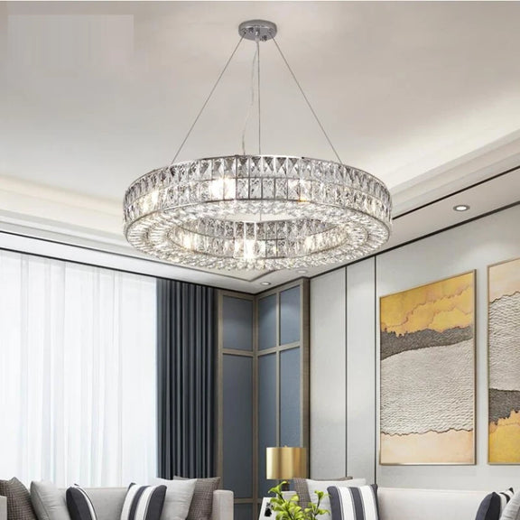 Side view of double-layer round crystal LED chandelier.